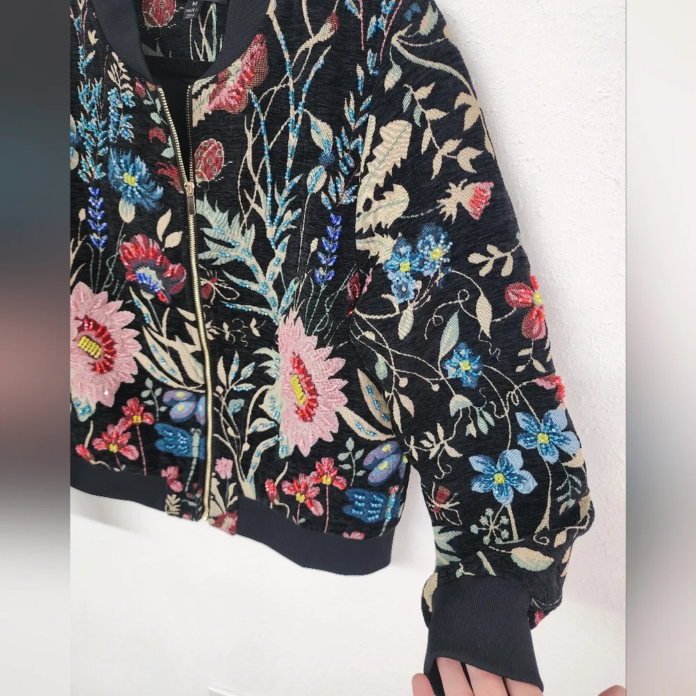 A.Z.I New York Desiree Black Floral Embroidered Beaded Bomber Jacket Sz Medium - Picture 7 of 9